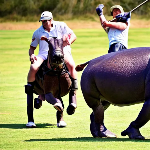 Image similar to polo played with humans and hippopotamuses. sports photograph.