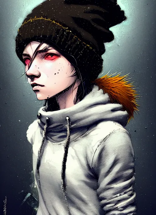 Image similar to highly detailed closeup portrait of a sewer punk lady student, beanie, harris tweed hoodie, frosty white hair by atey ghailan, by greg rutkowski, by greg tocchini, by james gilleard, by joe fenton, by kaethe butcher, gradient, blue, black, brown and cream color scheme, grunge aesthetic!!! white graffiti tag wall background