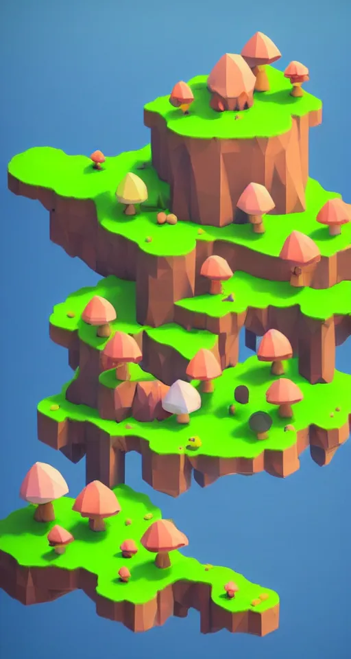 Image similar to a cute little matte low poly isometric mushroom island, lat lighting, trending on artstation, 3d render, monument valley, fez video game,