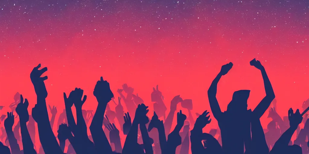 Prompt: rapping into microphone, silhouette, huge crowd, outrun, hip hop, simple shapes, Aurora borealis, trending on Artstation, professional artist, detailed, 4k