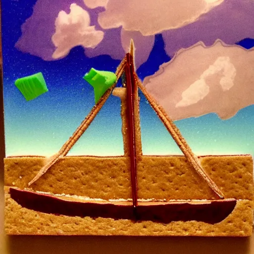 Image similar to graham cracker sailboat floats in a sea of hot chocolate, marshmallows in sky above, abstract environment, award winning art, epic dreamlike fantasy landscape, ultra realistic,