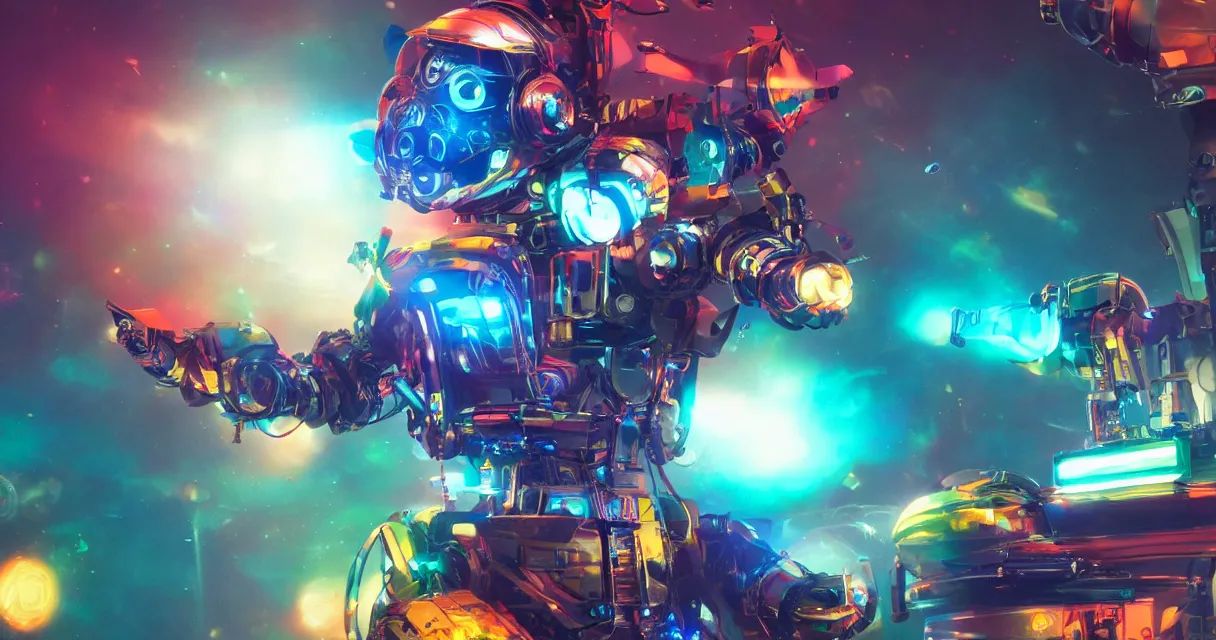 Image similar to vivid colors, spectrum, robot, drama, high quality, vray, cg, crazy, space, photoreal