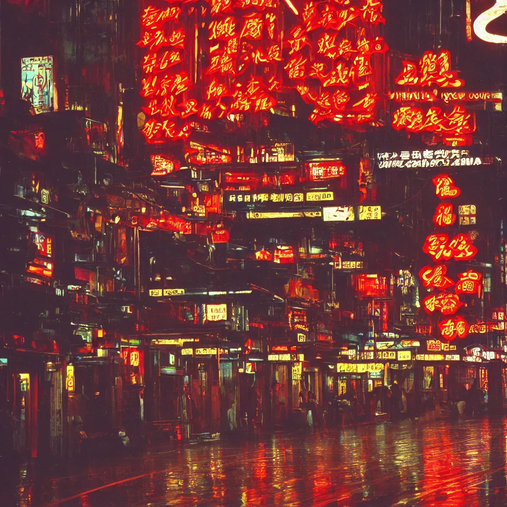 Image similar to a street lined with chinese casinos and nightclubs, bathing in lighting from neon signs, rainy afternoon, 1 9 9 5