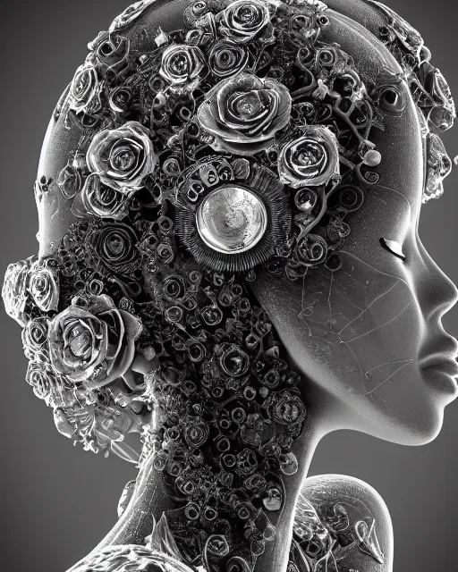 Image similar to mythical dreamy black and white organic bio - mechanical spinal ribbed profile face portrait detail of translucent steampunk beautiful female angelic - human - queen - vegetal - cyborg, highly detailed, intricate crystal ivy jelly ornate, poetic, translucent roses ornate, 3 d render, digital art, octane render, 8 k artistic photography, photo - realistic, by dora maar