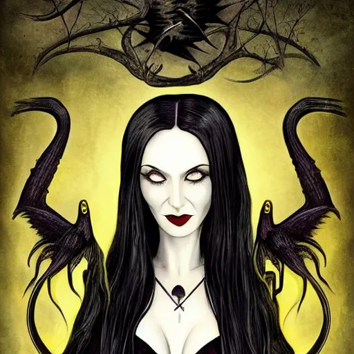 Image similar to Morticia Addams tarot card, gothic art, subdued color, detailed, eerie, emotional, gothic, sad, agitated, highly detailed, incredibly sharp focus, Artstation, deviantart, artgem, insane detail, intense black line art, precision detail, golden ratio, in the style of Heavy Metal Comics