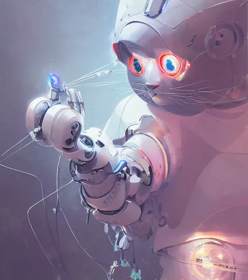 Prompt: a robotic cat, wires and gears. The cat is a robot. By Makoto Shinkai, Stanley Artgerm Lau, WLOP, Rossdraws, James Jean, Andrei Riabovitchev, Marc Simonetti, krenz cushart, Sakimichan, trending on ArtStation, digital art.