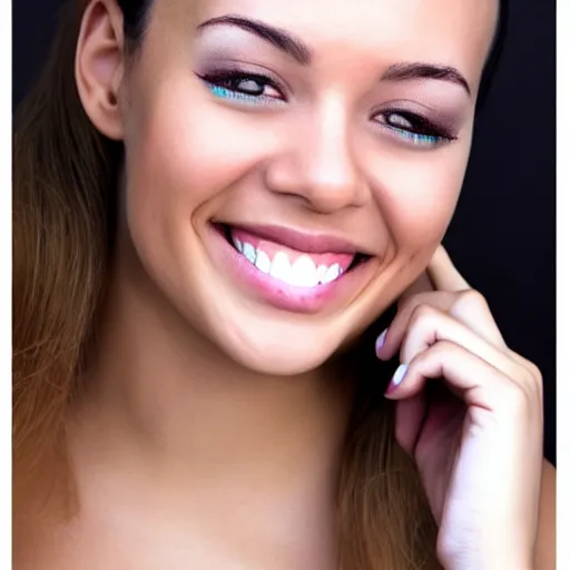 Prompt: forehead visible, beautiful smile with pretty teeth, black eye shadow, realistic natural lighting, caucasian