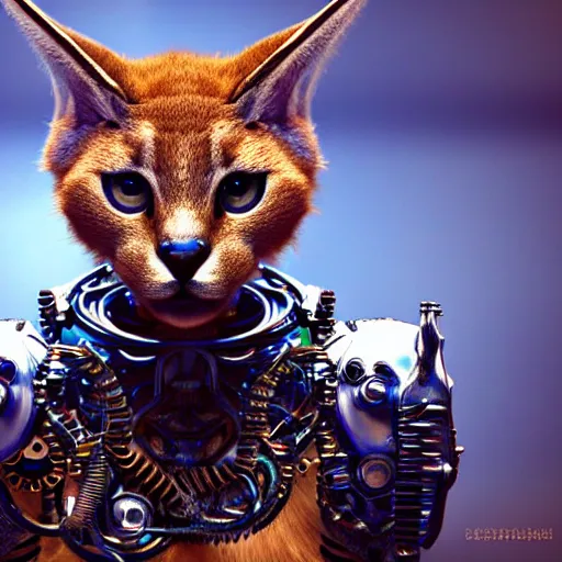 Image similar to cute caracal pointing his finger in the air. mythical organic biomechanical man. futuristic. blue blurry background. highly detailed, intricate steampunk ornate, poetic, 3 d render, digital art, octane render, 8 k artistic photography, photorealistic.