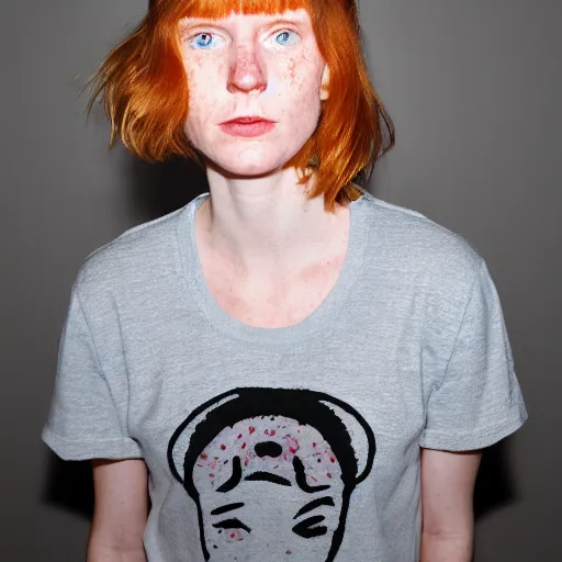 Image similar to an award winning close up portrait of face of cute 1 9 year old white woman with tired eyes, no makeup, freckles, strong jawline, skinny, short straight ginger hair in a bob style, black t shirt, flash photography, photographed by terry richardson,