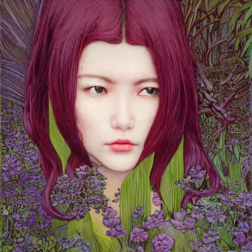 Image similar to marceline the vampire queen, exterior botanical garden, portrait face, colorful, frantisek kupka, intricate, miles johnston, kuroda seiki, cynical realism, ozabu, john william godward, painterly, yoshitaka amano, moebius, miles johnston, louise zhang, james jean, mark ryden lowbrow pop surrealism art style