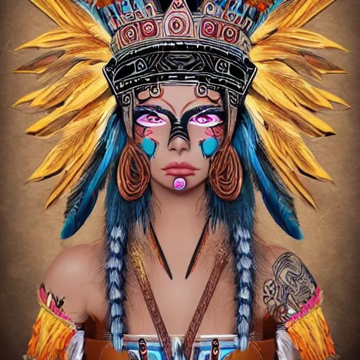 Image similar to character design, aztec warrior goddess with beautiful woman face, crown of very long feathers, full body, glowing aztec tattoos, beautiful, dark fantasy,