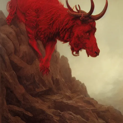 Image similar to a masterpiece! photographic portrait of a scarlet - colored beast with seven ( 7 ) heads and ten ( 1 0 ) horns by gustave dore and stephen hickman and allen williams, trending on artstation, cgsociety, 8 k hd, earthtone colors, a cloaked woman riding the back of the beast