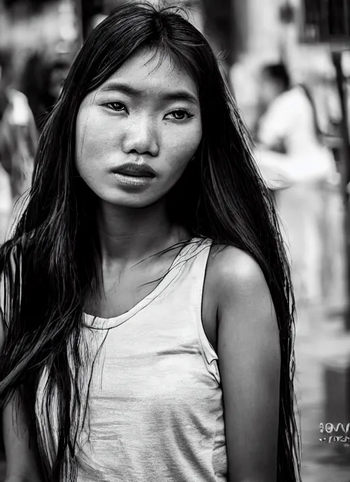 Image similar to Mid-shot portrait of a very beautiful 20-years-old woman from Indonesia, with long hair, candid street portrait in the style of Mario Testino award winning, Sony a7R