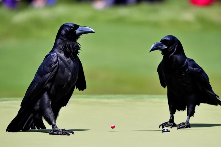 Prompt: A photograph of a raven missing a putt at PGA Tour