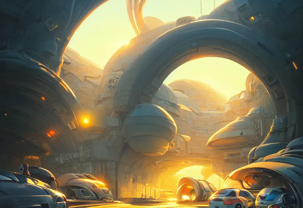 Prompt: chubby futuristic tunnel entrance, golden hour, intricate oil painting, high detail illustration, sharp high detail, manga and anime 1 9 9 9, official fanart behance hd artstation by jesper ejsing and makoto shinkai, 4 k,