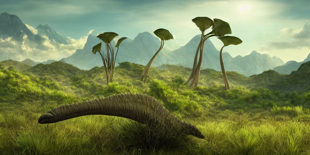 Image similar to a prehistoric fern savanna, a sauropod neck in the background, mountains, clouds, volumetric lighting, hazy, washed out, an award winning digital render, beautiful, ultradetailed, hyperrealistic, great composition