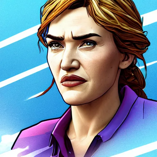 Image similar to kate winslet portrait, borderlands, tales from the borderlands, the wolf among us, comic, cinematic lighting, studio quality, 8 k