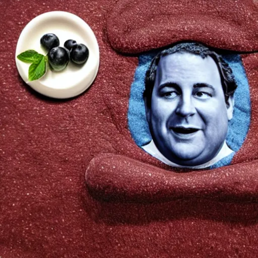 Prompt: a giant blueberry with the face of chris christie