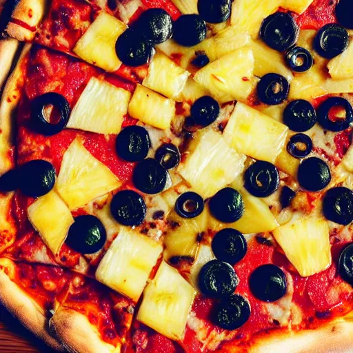 Image similar to pizza with pineapple toppings close up, 4 k, cinematic shot, photorealistic