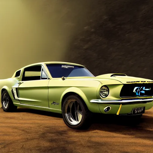 Prompt: a detailed render of a mad max style 1 9 6 7 ford mustang fastback, vector art, art by john collier and albert aublet and krenz cushart and artem demura and alphonse mucha, cosmic, heavenly, god rays, intricate detail, cinematic, 8 k, cel shaded, unreal engine, featured on artstation, pixiv