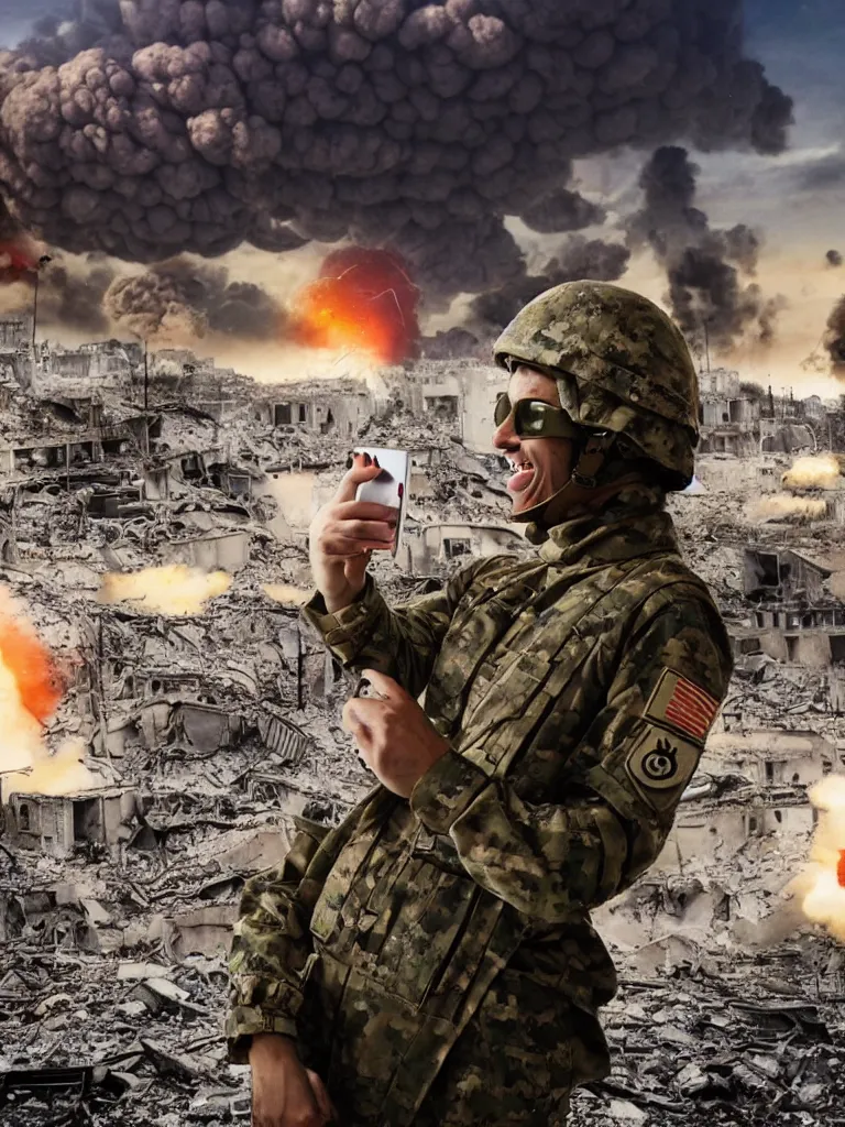 Image similar to a hysterical smiling soldier taking selfies, posing in front of bombed city, explosions in the background, close ups, war scenery, surrealism aesthetic, vivid colors, tv, noise