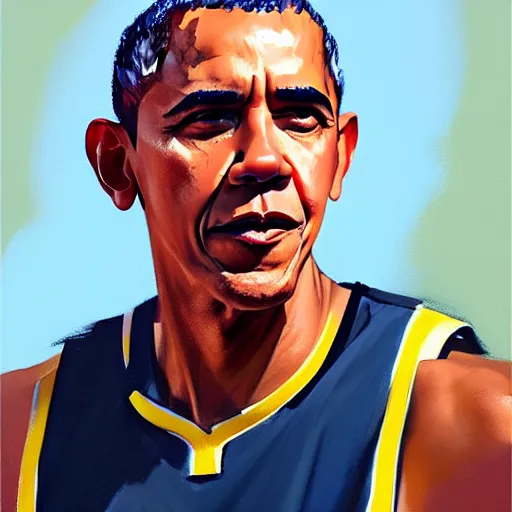 Image similar to Greg Manchess portrait painting of Barack Obama as a basketball player, medium shot, asymmetrical, profile picture, Organic Painting, sunny day, Matte Painting, bold shapes, hard edges, street art, trending on artstation, by Huang Guangjian and Gil Elvgren and Sachin Teng