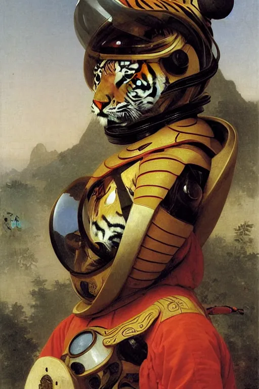 Image similar to portrait of a tiger astronaut with chinese dragon armor and helmet, majestic, solemn, by bouguereau