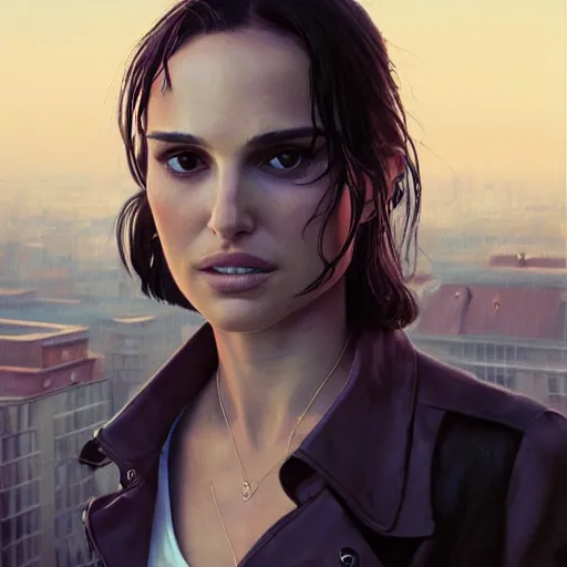 Image similar to closeup portrait of natalie portman from the movie leon the professional, matilda, hitman, city background, dramatic light, gorgeous view, depth, high detail, digital art, painted by greg rutkowski and seb mckinnon, by tim burton, trending on artstation