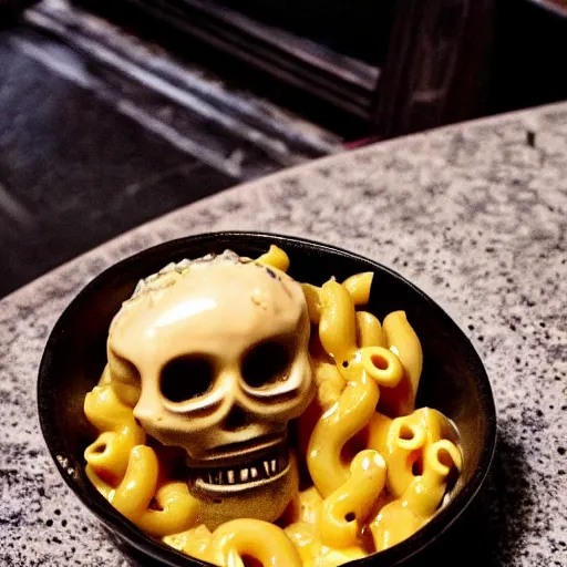 Prompt: a bowl made out of a cyborg android skull filled with delicious mac n' cheese. photograph from a restaurant menu.