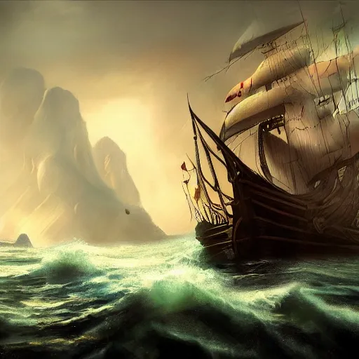 Image similar to a young pirate captain looking for lost islands on his ship, artstation hall of fame gallery, editors choice, #1 digital painting of all time, most beautiful image ever created, emotionally evocative, greatest art ever made, lifetime achievement magnum opus masterpiece, the most amazing breathtaking image with the deepest message ever painted, a thing of beauty beyond imagination or words