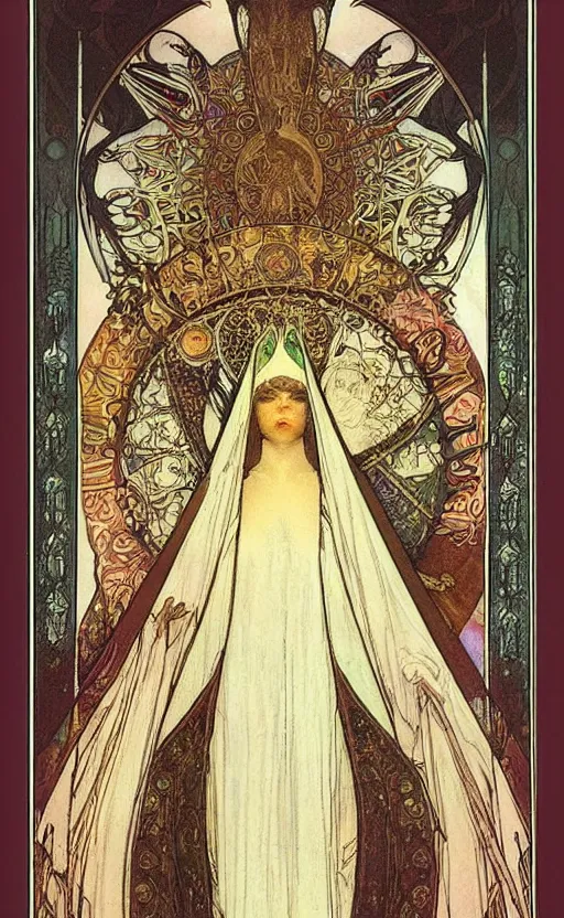 Image similar to the high priestess, tarot, beautiful border, by alfons maria mucha, highly detailded