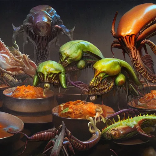 Image similar to A close up shot of a table-spread of amazing Alien food of strange things hot and fresh and steaming, ultra high detailed, oil painting, Greg Rutkowski, Charlie Bowater, Yuumei, Yanjun Cheng, unreal 5, DAZ, hyperrealistic, octane render, RPG portrait, dynamic lighting, fantasy art, beautiful