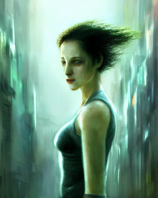 Image similar to gracious, regal majestic, pragmatic, charismatic character persephone from the matrix, face centered portrait, confident, ruined cityscape, sterile minimalistic room, architecture, fog, volumetric lighting, illustration, perfectly shaded, greenish tinge, cold lights soft painting, art by krenz cushart and wenjun lin