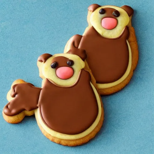Image similar to cookies shaped like otters, photograph, cookies, otters