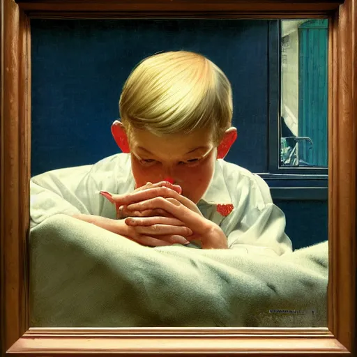 Prompt: painting of a blonde boy with blue eyes praying next to his bed that god will answer his prayers, crescent moon is visible outside his window, by Norman Rockwell,