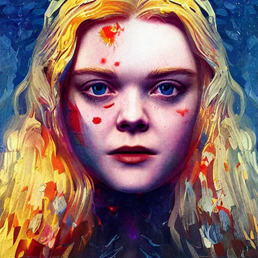 Image similar to Elle Fanning in the painted world of Dark Souls, head and shoulders masterpiece, apocalypse, golden hour, cosmic horror, artstation, in the style of Cubism, extremely detailed