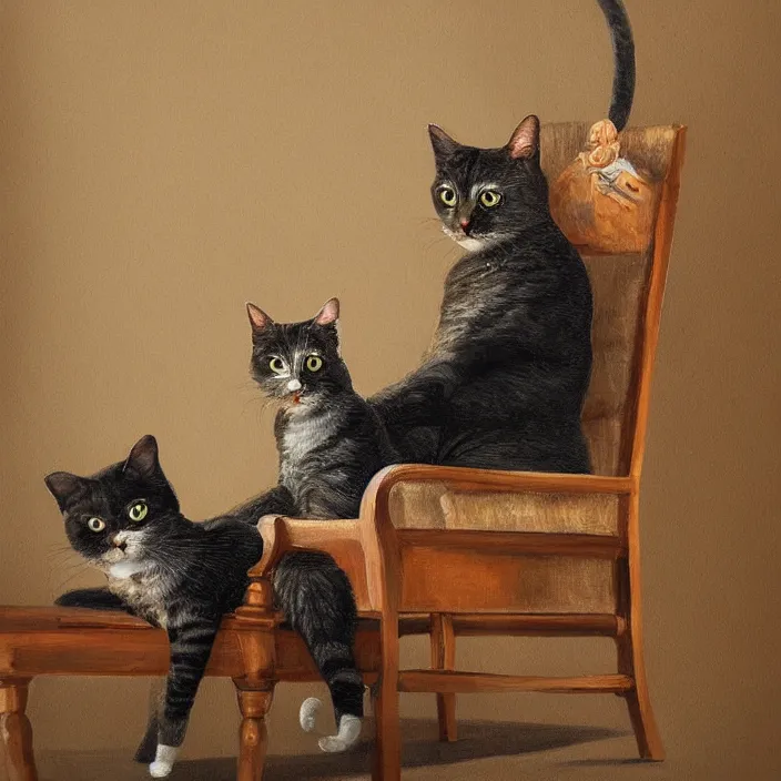 Image similar to a highly detailed painting of an animorphism cat sitting in chair petting a small bald human on his lap, 8k, trending on artstation