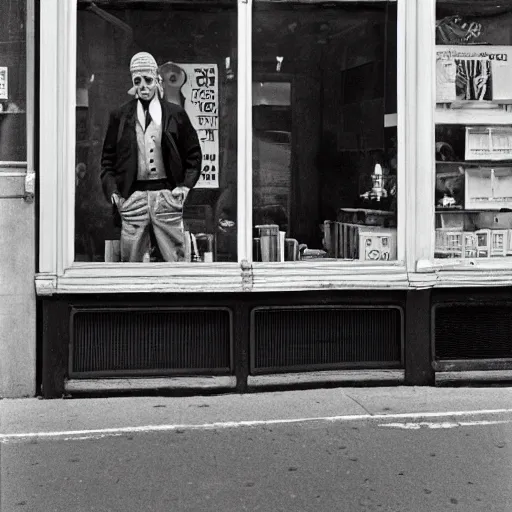 Prompt: analog medium format street photography portrait of a man in front of store window in new york, 1 9 6 0 s, highly detailed lifelike ultra - realistic man portrait photograph, photographed on colour expired film