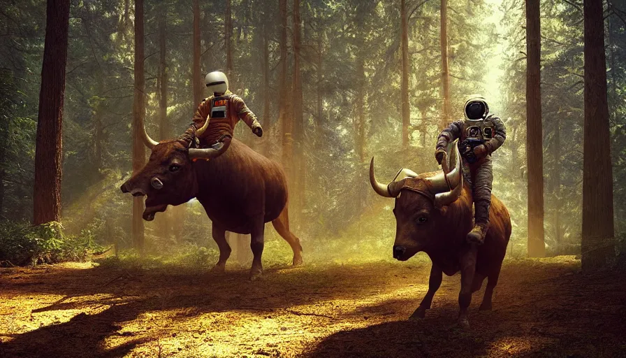 Image similar to american astronaut in the forest riding a bull, objects well lit, plants environment, wide angle, cinematic lighting, atmospheric, realistic, octane render, highly detailed, color graded, in the style of craig mullins