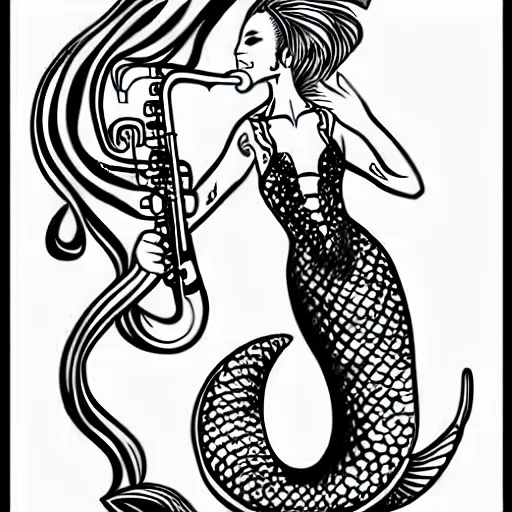 Prompt: american traditional tattoo art of a mermaid playing the saxophone, line art, sheet paper