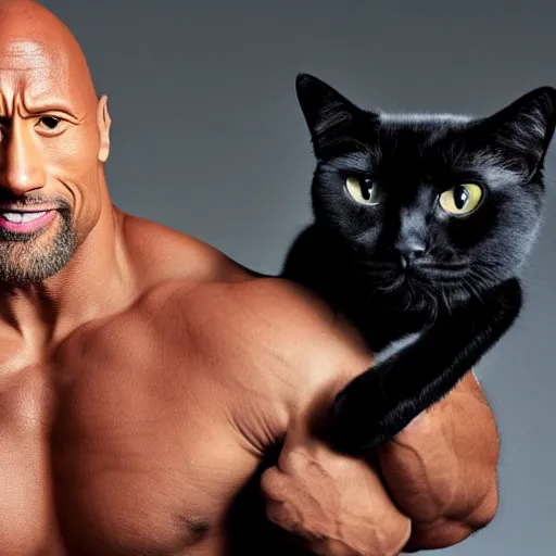 Image similar to dwayne johnson holding a black cat, studio lighting, promotional photograph