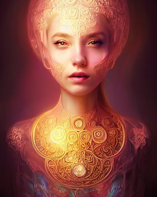 Prompt: a cute woman inside an ornate bottle of iridescent liquid, alchemy, intricate, bloom, detailed, volumetric lighting, sharp focus, photorealism, digital painting, highly detailed, concept art, by by artgerm and wlop