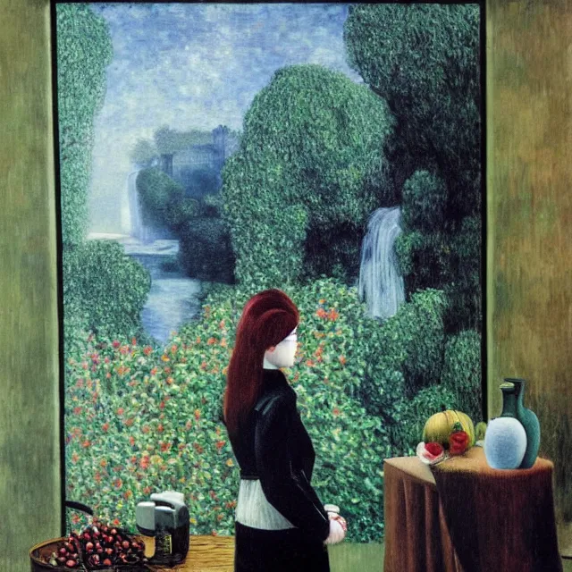 Prompt: emo girl in her apartment, a river flooding inside, pigs, plants in glass vase, pork, water, river, rapids, canoe, pomegranate, berries dripping, waterfall, swans, acrylic on canvas, surrealist, by magritte and monet