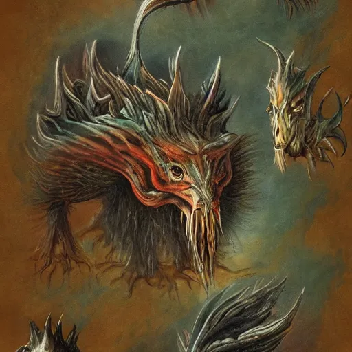 Image similar to bestiary of creatures from the depths of the unconscious psyche