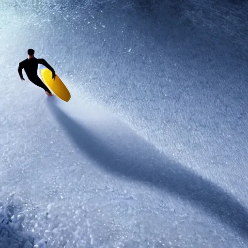 Image similar to man surfing a yellow surfboard down a snowy mountain, high quality digital art, unreal engine, cinematic lighting, photorealism