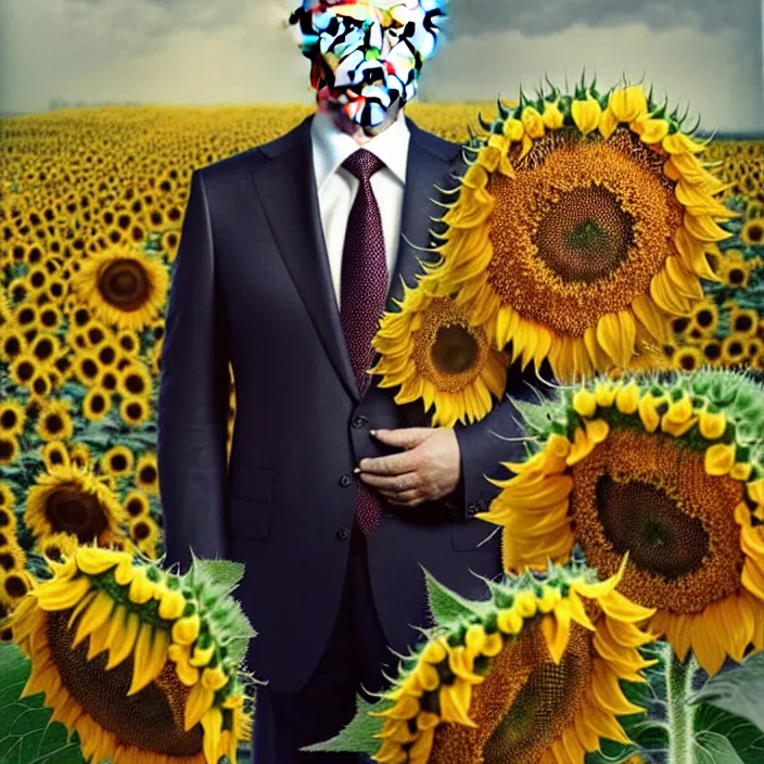 Image similar to photo portrait of Putin - sunflowers - dressed in leisure shirt with ornamental ethereal sunflower pattern, natural skin tone, raging war and explosions in the background, face is highly detailed, elegant, Realistic, Refined, Highly Detailed, natural soft pastel lighting colors scheme, fine art photography by Cecil Beaton, volumetric lighting, hyper realistic photography