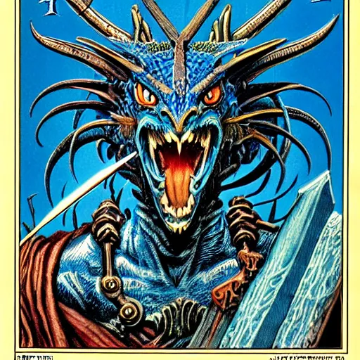 Image similar to head and shoulders portrait of a medieval d & d fantasy anthropomorphic blue dragon - headed sorcerer, d & d rulebook cover art by jeff easley, hr giger, and frank miller