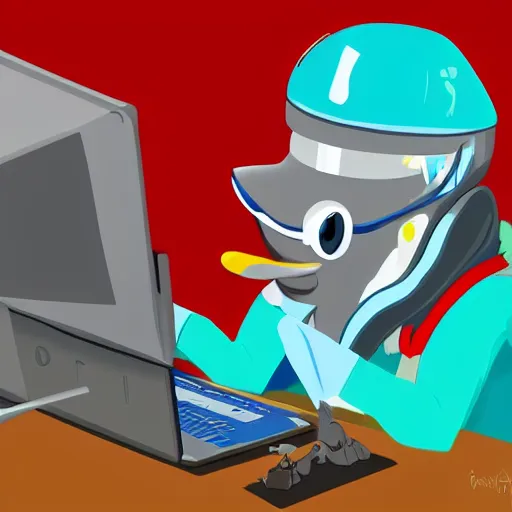 Prompt: An anthropomorphic grey dolphin dressed as a chemist playing games on a computer, digital painting