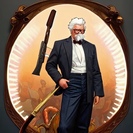 Prompt: a full body portrait of colonel sanders the greek god with a shotgun!! in hell!!! extremely beautiful, anatomically accurate, by artgerm and by greg rutkowski and by alphonse mucha and by simon bisley, radiant light, detailed and intricate environment,