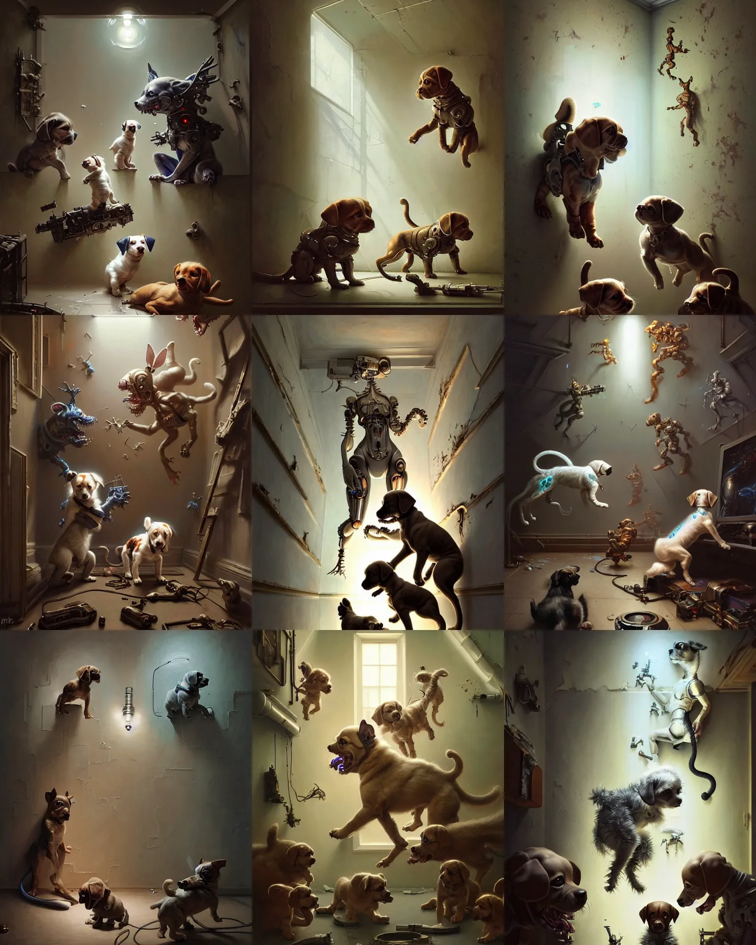 Prompt: little cyborg puppies playing in the corner of a room with peeling wallpaper and paint on the walls, ultra realistic, dramatic lighting, intricate details, highly detailed by peter mohrbacher, boris vallejo, hajime sorayama, wayne barlowe,